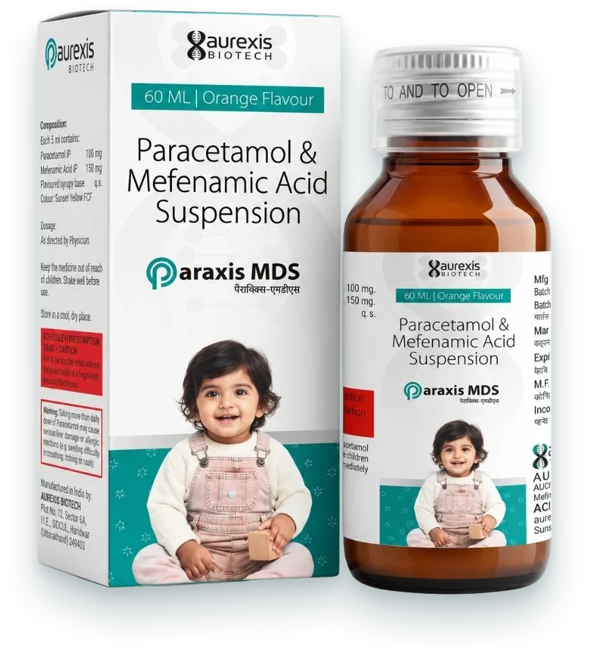 Paraxis-MDS (Mefenamic Acid 100mg + Paracetamol 250mg Suspension) syrups & suspensions pack by Aurexis Biotech