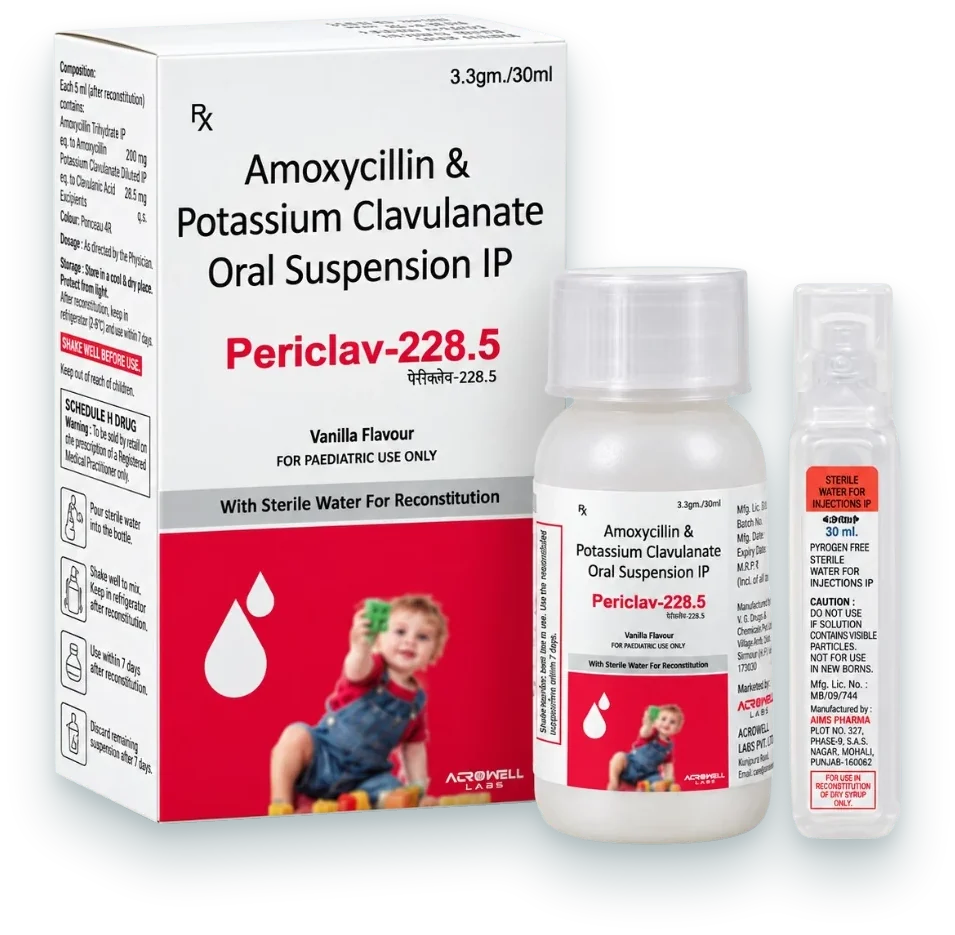 Periclav-228.5 (Amoxycillin 200mg + Potassium Clavulanate 28.5mg Dry Syrup) dry syrups pack by Acrowell Labs