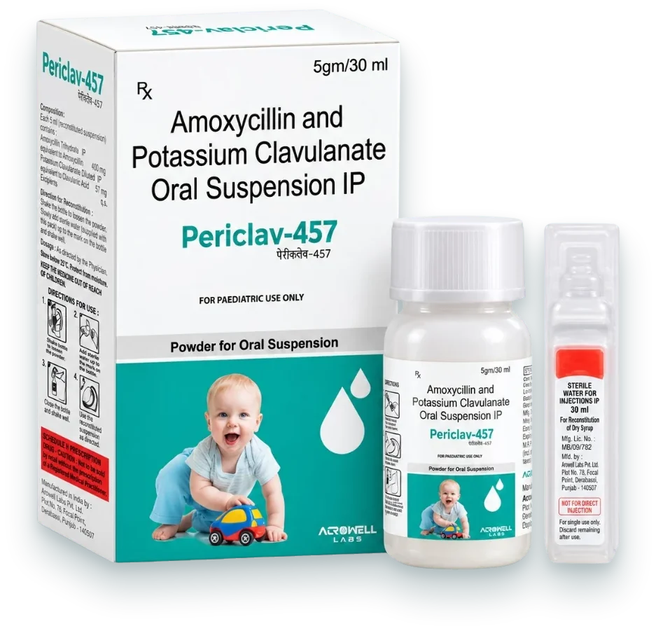 Periclav-457 (Amoxycillin 400mg + Potassium Clavulanate 57mg Dry Syrup) dry syrups pack by Acrowell Labs