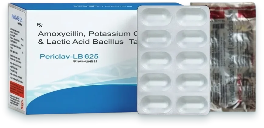 Periclav-LB 625 (Amoxycillin 500mg + Potassium Clavulanate 125mg + Lactic Acid…) tablets pack by Acrowell Labs