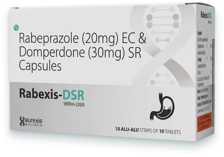 Rabexis-DSR (Rabeprazole 20mg + Domperidone 30mg SR Capsules) capsules pack by Aurexis Biotech