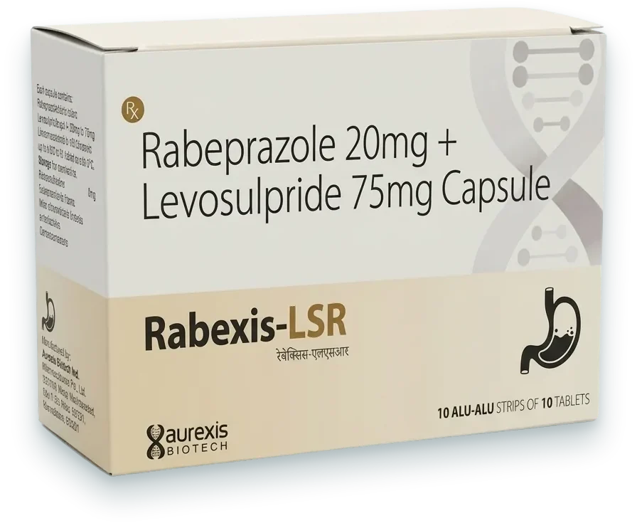 Rabexis-LSR (Rabeprazole 20mg + Levosulpiride 75mg Capsule) capsules pack by Aurexis Biotech