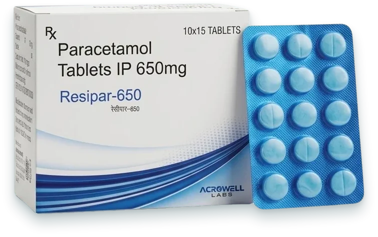 Resipar-650 (Paracetamol 650mg Tablet) tablets pack by Acrowell Labs