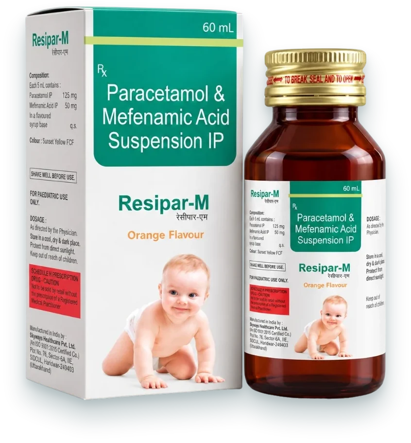 Resipar-M (Mefenamic Acid 50mg + Paracetamol 125mg Suspension) syrups & suspensions pack by Acrowell Labs