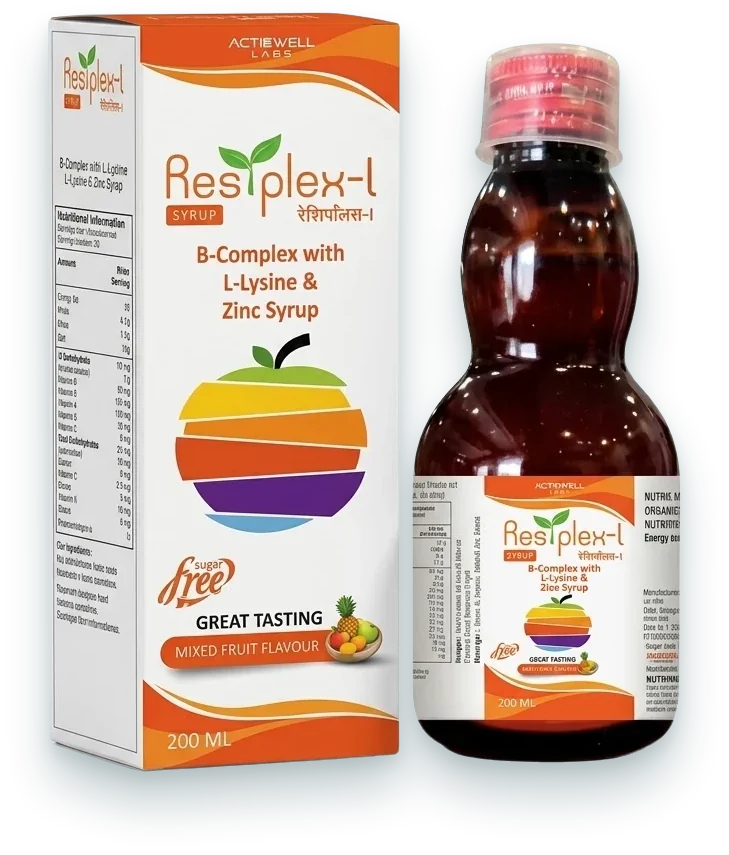 Resiplex-L (B-Complex + L-Lysine + Zinc Syrup) syrups & suspensions pack by Acrowell Labs