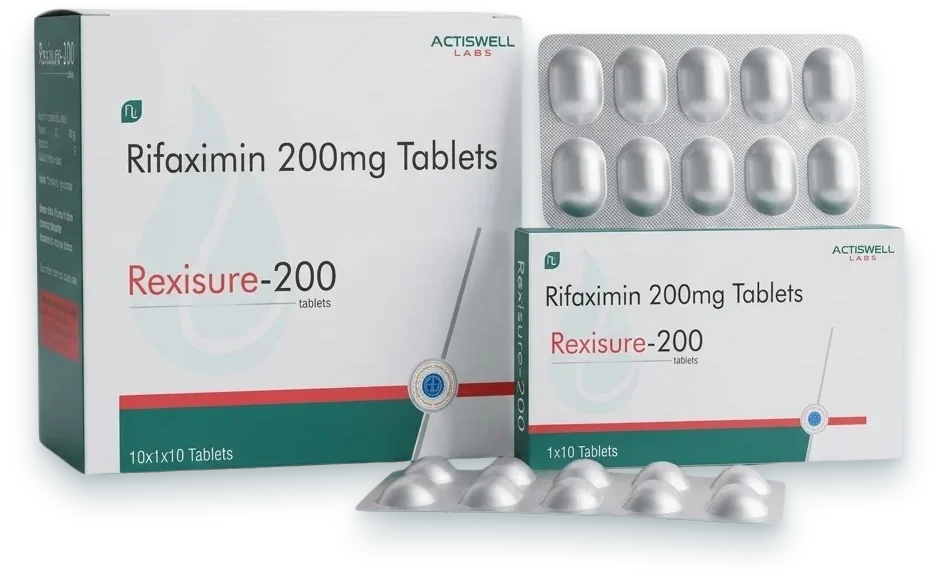 Rexisure-200 (Rifaximin 200mg Tablets) tablets pack by Acrowell Labs