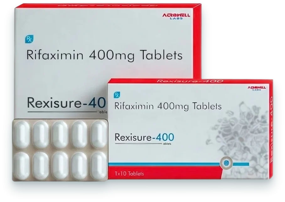 Rexisure-400 (Rifaximin 400mg Tablets) tablets pack by Acrowell Labs