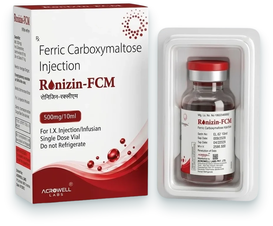 Ronizin-FCM (Ferric Carboxymaltose Injection 500mg/10ml) injections pack by Acrowell Labs