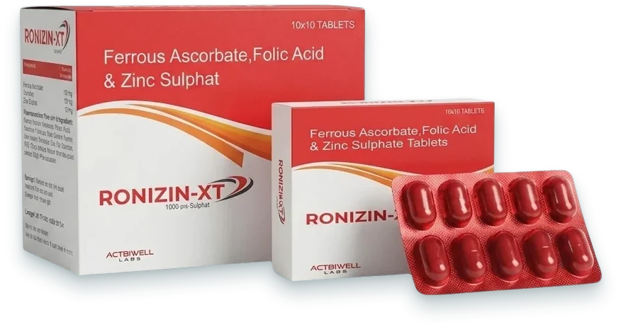 Ronizin-XT (Ferrous Ascorbate 100mg + Folic Acid 1.5mg + Zinc 7.5mg Tablet) tablets pack by Acrowell Labs