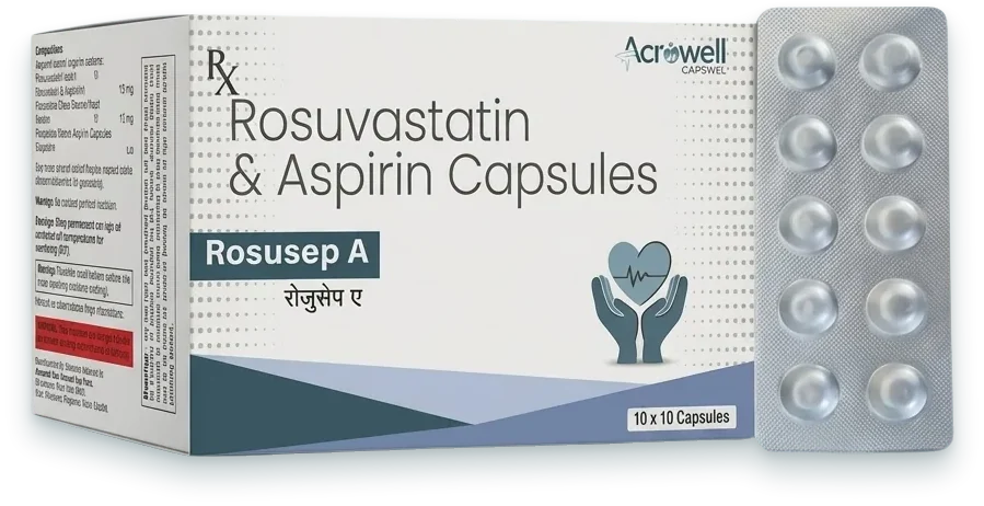 Rosusep-A (Rosuvastatin 10mg + Aspirin 75mg Tablet) tablets pack by Acrowell Lifecare
