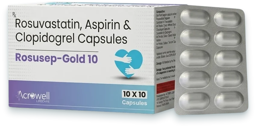 Rosusep Gold 10 (Rosuvastatin 10mg + Aspirin 75mg + Clopidogrel 75mg Tablet) tablets pack by Acrowell Lifecare