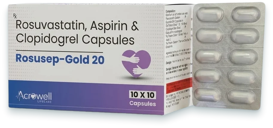 Rosusep Gold 20 (Rosuvastatin 20mg + Aspirin 75mg + Clopidogrel 75mg Tablet) tablets pack by Acrowell Lifecare