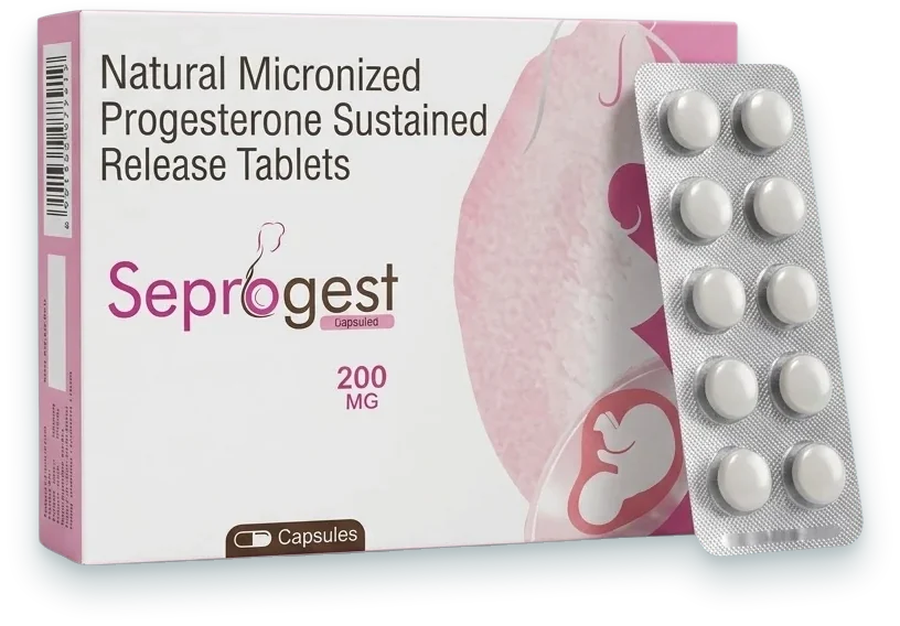 Seprogest-200 (Natural Micronised Progesterone SR 200mg Tablet) tablets pack by Acrowell Labs