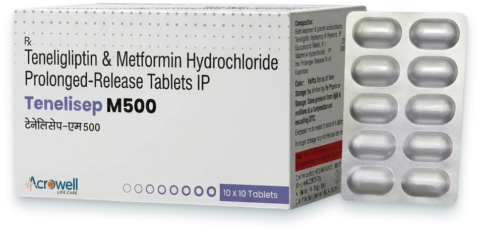 Tenelisep-M 500 (Teneligliptin 20mg + Metformin 500mg Tablet) tablets pack by Acrowell Lifecare