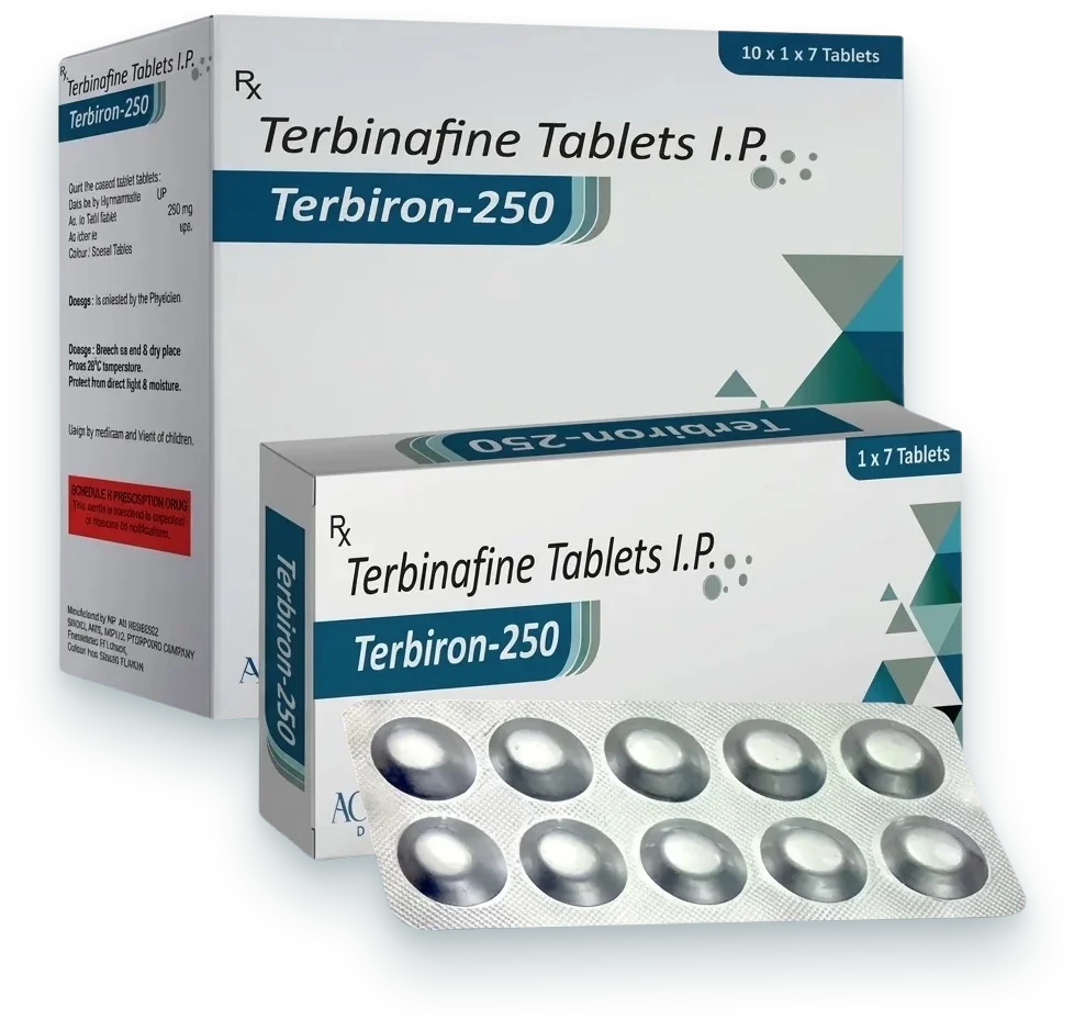 Terbiron-250 (Terbinafine 250mg Tablet) tablets pack by Acrowell Dermacare