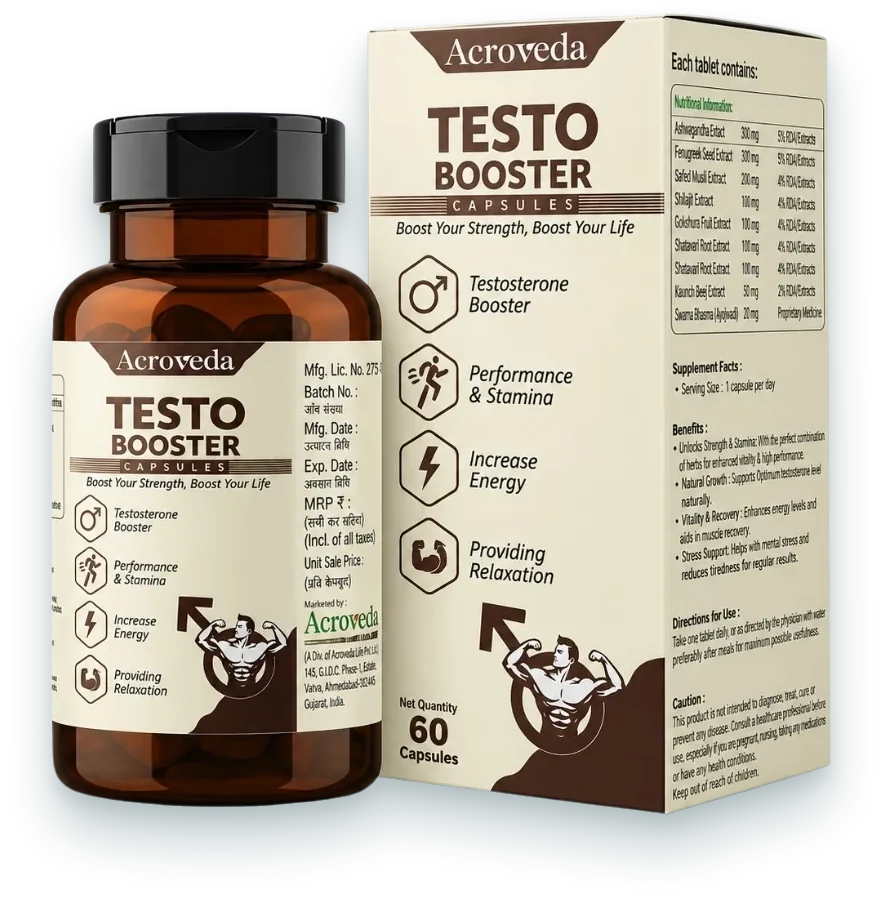 Testo Booster (Ayurvedic Vitality Capsules for Men) capsules pack by Acroveda