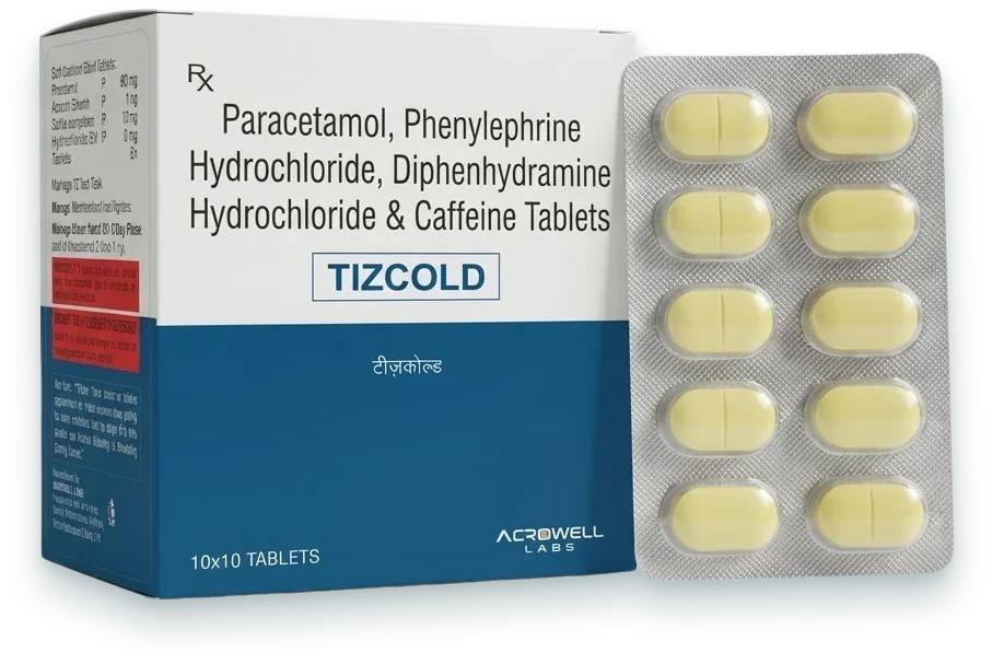 Tizcold (Paracetamol 500mg + Phenylephrine HCl 5mg + Caffeine 30mg Tablet) tablets pack by Acrowell Labs