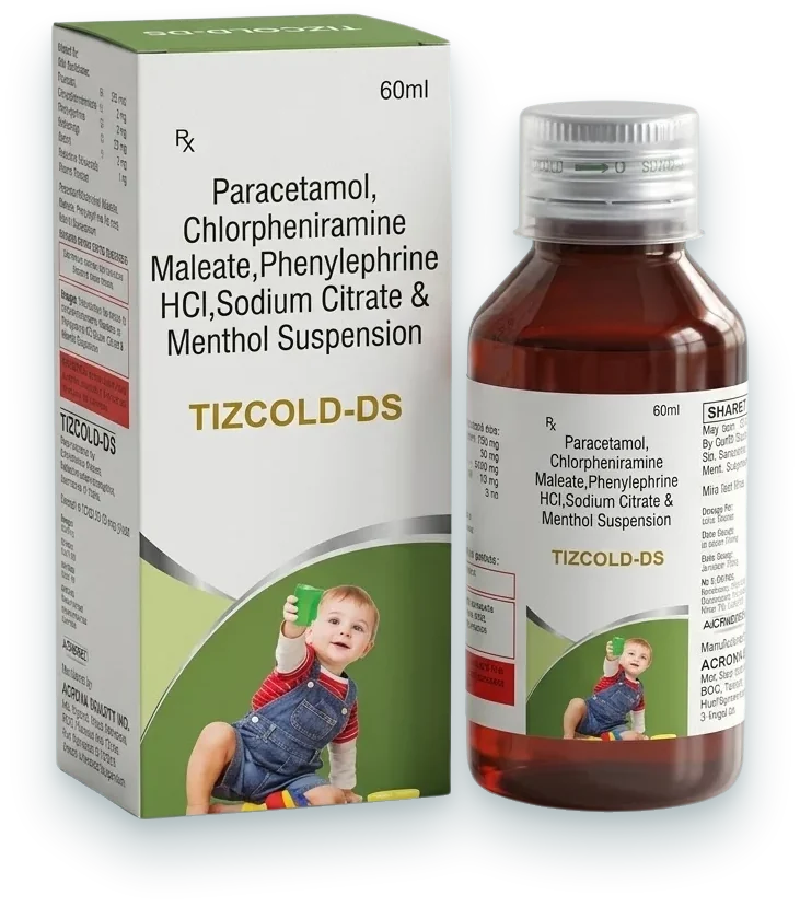 Tizcold-DS (Paracetamol 250mg + Phenylephrine 5mg + Chlorpheniramine Maleate…) syrups & suspensions pack by Acrowell Labs