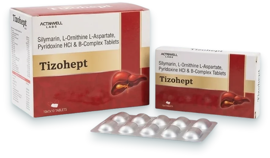 Tizohept (Silymarin 140mg + L-Ornithine L-Aspartate 250mg + B-Complex Tablet) tablets pack by Acrowell Labs