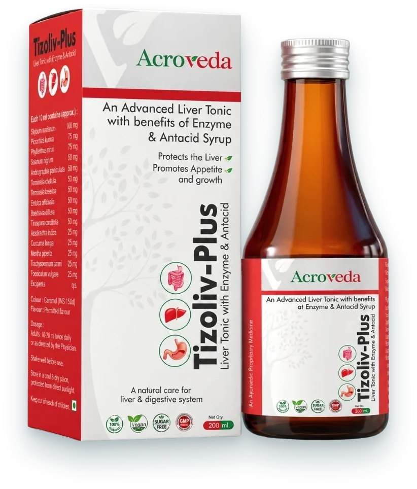 Tizoliv Plus (Ayurvedic Liver Formulation with Enzyme & Antacid) syrups & suspensions pack by Acroveda