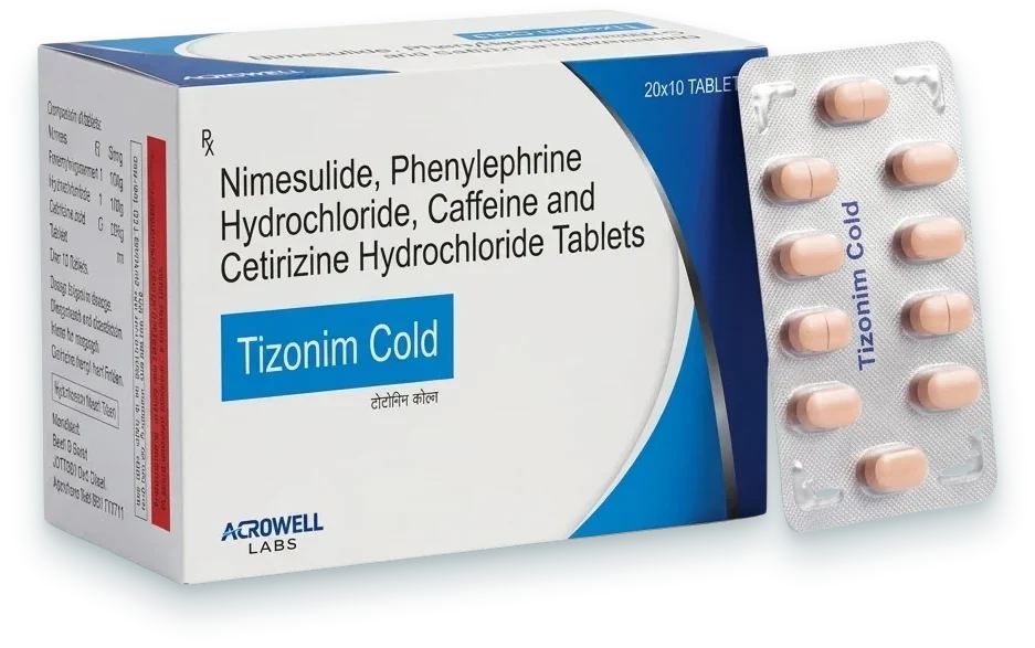 Tizonim Cold (Nimesulide 100mg + Phenylephrine 10mg + Cetirizine 5mg + Caffeine…) tablets pack by Acrowell Labs