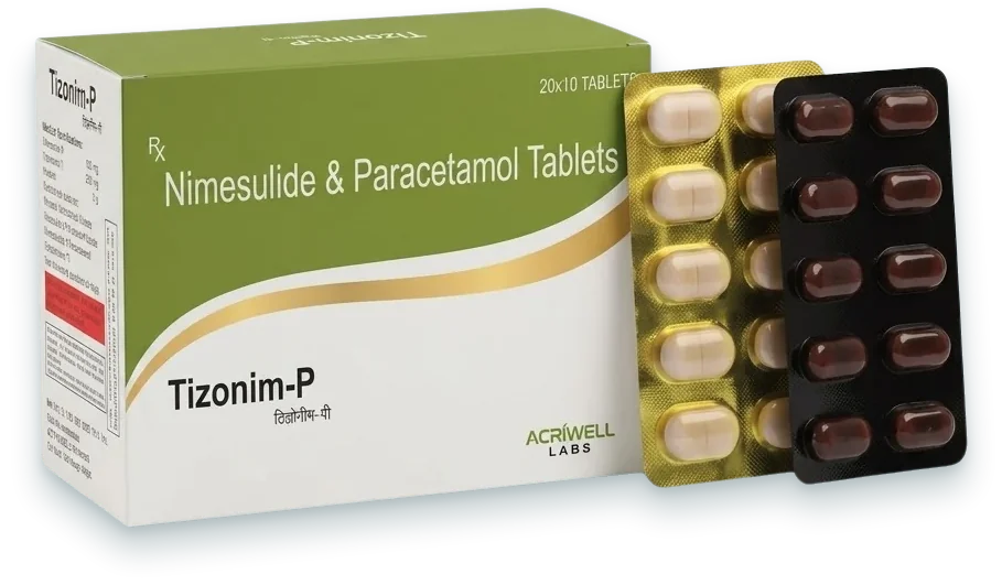 Tizonim-P (Nimesulide 100mg + Paracetamol 325mg Tablet (Amber Packing)) tablets pack by Acrowell Labs