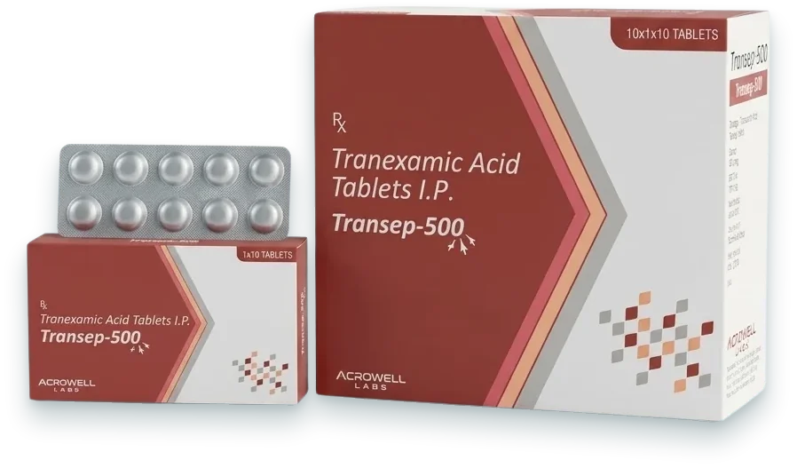 Transep-500 (Tranexamic Acid 500mg Tablet) tablets pack by Acrowell Labs