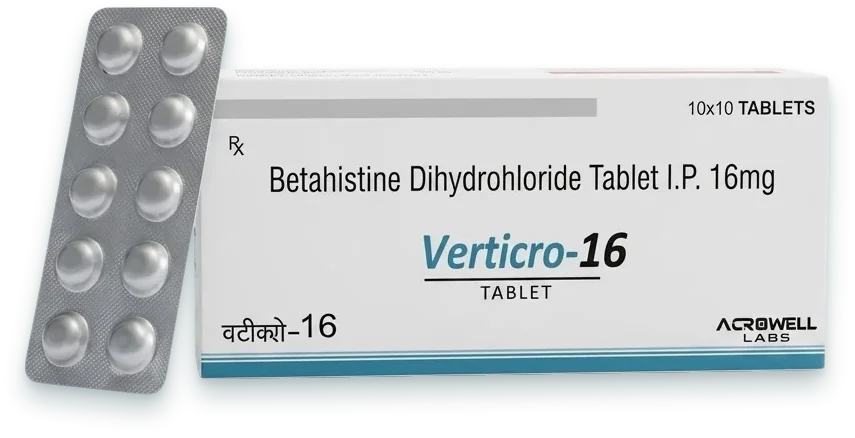 Verticro-16 (Betahistine Dihydrochloride 16mg Tablet) tablets pack by Acrowell Labs