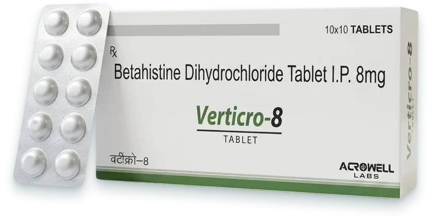 Verticro-8 (Betahistine Dihydrochloride 8mg Tablet) tablets pack by Acrowell Labs