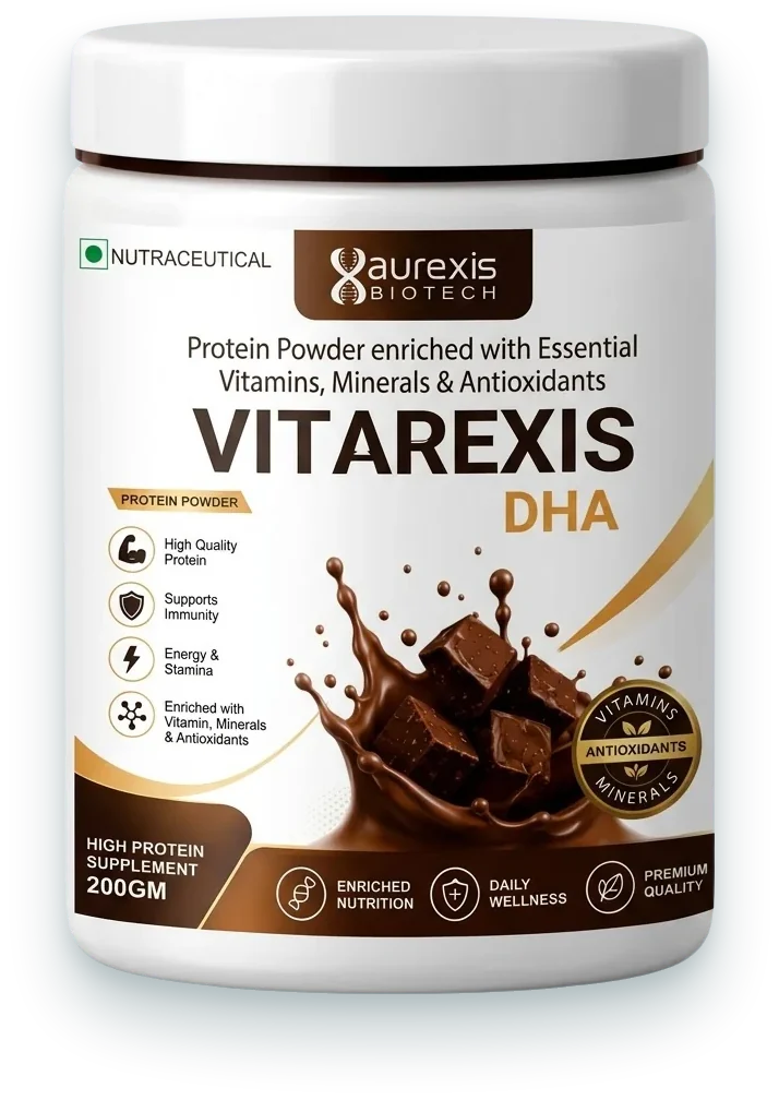 Vitarexis-DHA (Protein Powder with DHA (Chocolate Flavour)) sachets & powders pack by Aurexis Biotech