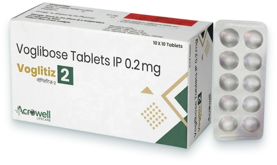 Voglitiz-2 (Voglibose 0.2mg Tablet) tablets pack by Acrowell Lifecare