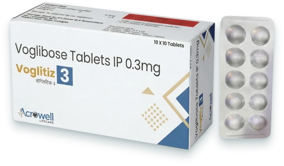 Voglitiz-3 (Voglibose 0.3mg Tablet) tablets pack by Acrowell Lifecare