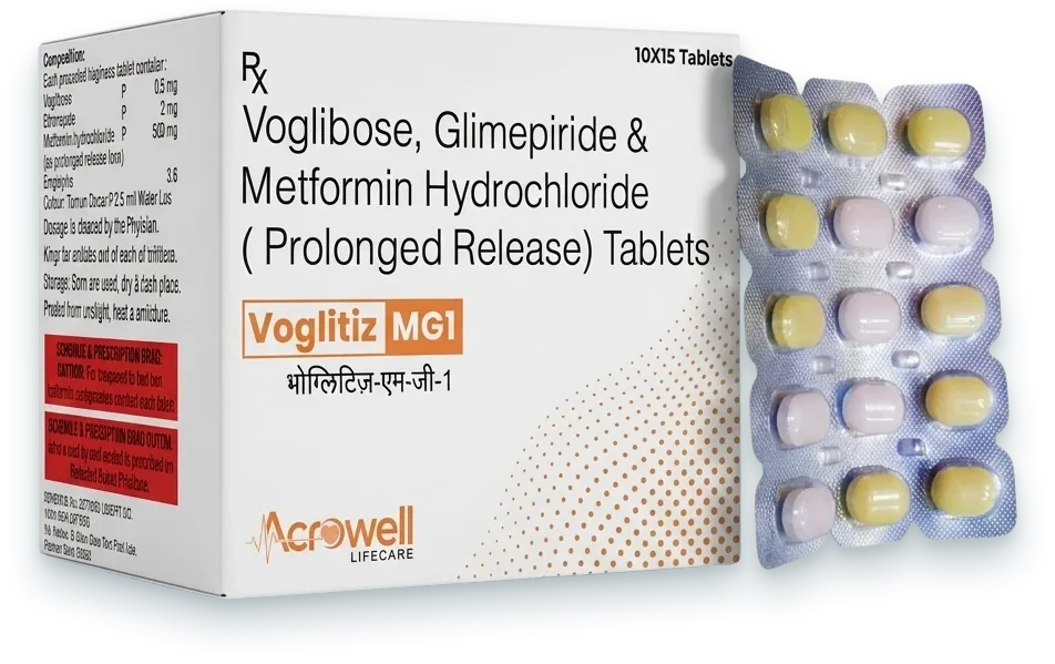 Voglitiz-MG1 (Voglibose 0.2mg + Glimepiride 1mg + Metformin 500mg SR Bilayered…) tablets pack by Acrowell Lifecare
