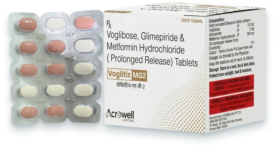Voglitiz-MG2 (Voglibose 0.2mg + Glimepiride 2mg + Metformin 500mg SR Bilayered…) tablets pack by Acrowell Lifecare