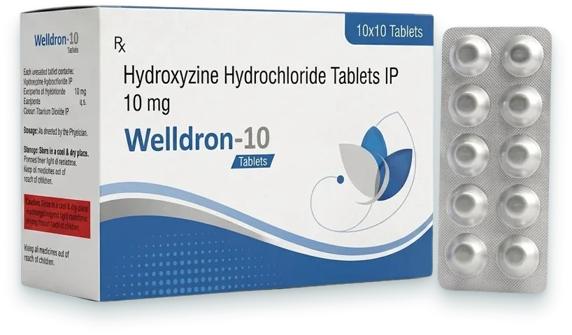 Welldron-10 (Hydroxyzine 10mg Tablets) tablets pack by Acrowell Dermacare