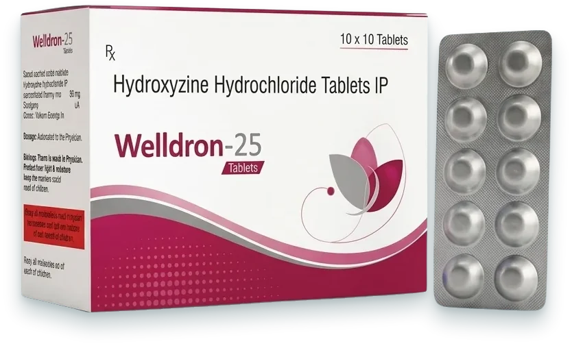 Welldron-25 (Hydroxyzine 25mg Tablets) tablets pack by Acrowell Dermacare